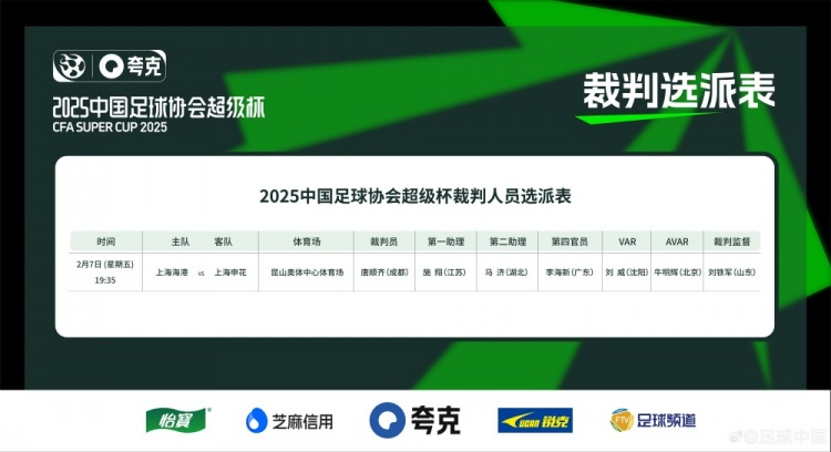  超級杯海港vs申花裁判員名單：主裁判唐順齊，VAR劉威