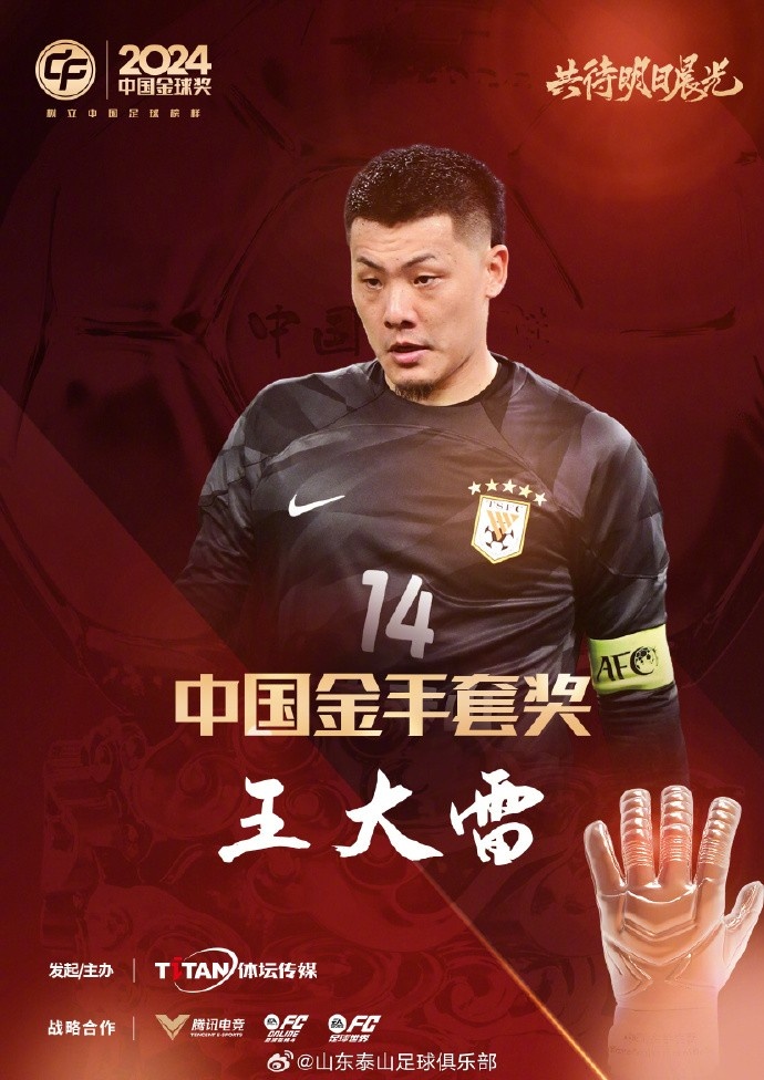  王大雷榮獲中國金手套獎，謝文能入選中國金球獎候選人前三名