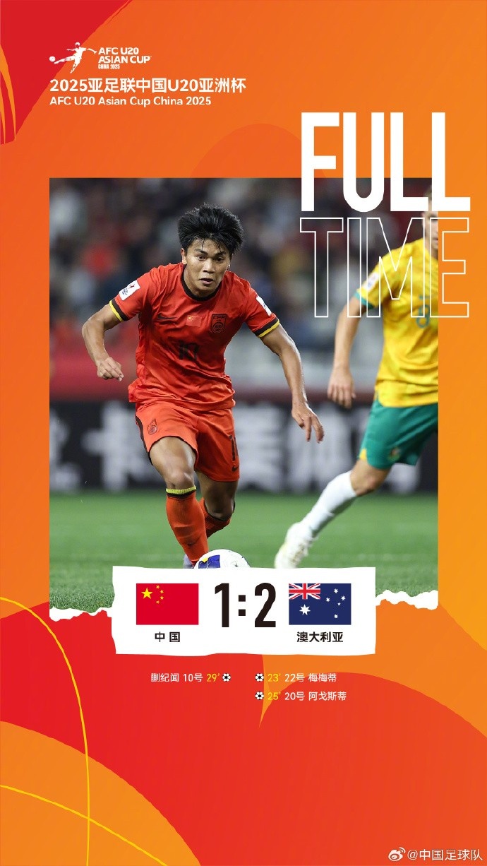  U20亞洲杯小組賽A組第三輪，中國隊1比2負(fù)于澳大利亞隊