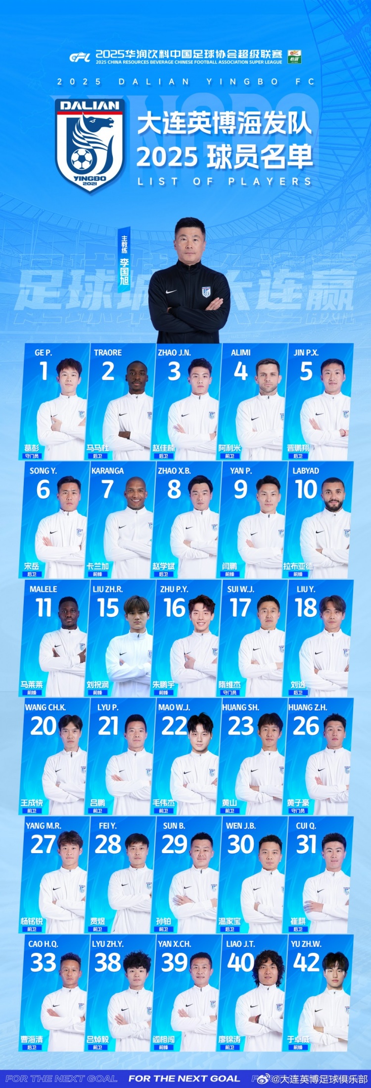  大連英博一線隊(duì)名單：10號(hào)拉布亞德領(lǐng)銜五外援，共30名球員入選