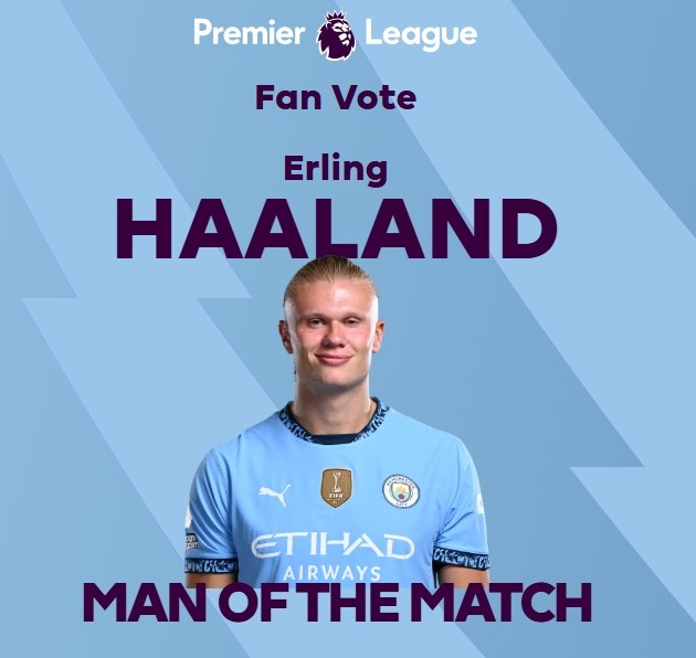  打進致勝球！英超官方：哈蘭德當(dāng)選曼城1-0熱刺全場最佳球員