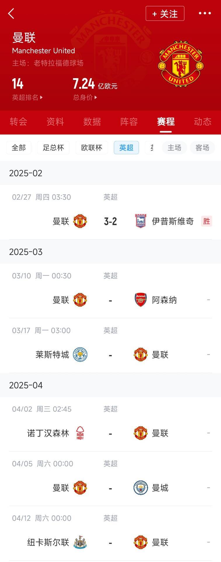 藍(lán)狐救一下？曼聯(lián)未來(lái)5輪將遭遇英超2/3/4/6名：槍手森林曼城紐卡